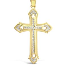 Crafted from 14k yellow gold, this cross not only exudes a sense of opulence but also serves as a lasting symbol of faith and devotion. The piece is meticulously crafted with precision and care, showcasing fine quality and attention to detail.  The cross features a stunning arrangement of round-cut diamond accents, adding a touch of brilliance and sophistication to this symbolic piece. Each diamond is carefully selected to ensure maximum sparkle and beauty, enhancing the overall allure of the cr Formal Crucifix Cross Necklace With Diamond Accents, Luxury Cross Necklace With Diamond Accents, Luxury 14k Gold Cross Jewelry, Luxury Cross Jewelry For Anniversary, Diamond Cut Cross Pendant Necklace, Yellow Gold Cross Necklace For Anniversary, Gold Cross Pendant Necklace For Anniversary, 14k Gold Cross Necklace For Anniversary, Luxury Cross Pendant Necklace