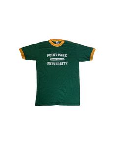 "Vintage 90s dark green & yellow Point Park University Summer Education souvenir USA t-shirt size small  Pit to pit: 18\" Collar to hem: 27\"" Green 90s Style T-shirt For Summer, Retro Green T-shirt For Summer, Retro Green Tops With Logo Print, Retro Green Top With Letter Print, Retro Green Top With Logo Print, Retro Green Tops With Text Print, Green Retro Tops With Logo Print, 90s Green Tops With Letter Print, 90s Style Green Screen Print Top