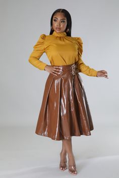 Brown Stretch Skirt For Fall, Knee-length Faux Leather Bottoms For Spring, Fall Party Skirt With Zipper Closure, Spring Knee-length Faux Leather Bottoms, Elegant Fall Skirt With Zipper Closure, Faux Leather Midi Skirt For Fall, Stretch Denim Skirt For Fall, Stretch Skirt For Fall, Spring Faux Leather Skirt With Zipper Closure