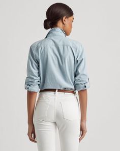 From work hours to happy hour, this chambray shirt is an easy, effortless style whether tucked in or left undone. Ralph Lauren Denim Shirt Women, Ralph Lauren Casual Spring T-shirt, Chambray Long Sleeve Shirt, Relaxed Fit, Blue Chambray Button-up Shirt, Ralph Lauren Womens Clothing, Ralph Lauren Cotton Short Sleeve T-shirt, Shirt Tucked In, Women's Blouses, Ralph Lauren Womens