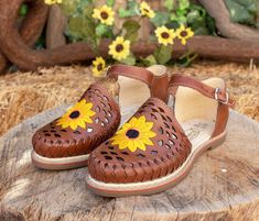 New womens leather sunflower embroidered authentic mexican huarache shoe sandal Spring Sandals With Stitched Sole And Round Toe, Brown Open Heel Huarache Sandals For Spring, Summer Leather Huaraches With Open Heel, Summer Huarache Sandals With Leather Footbed And Closed Toe, Casual Summer Clogs With Stitched Sole, Spring Huaraches With Rubber Sole And Flat Heel, Leather Huarache Sandals With Ankle Strap For Spring, Leather Ankle Strap Huarache Sandals For Spring, Spring Huarache Sandals With Rubber Sole