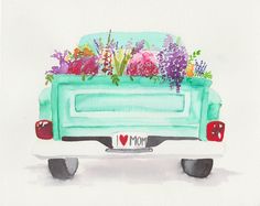 a watercolor painting of a green truck with flowers in the back and mom's name on it