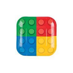 three different colored legos are in the shape of a square plate with holes on each side