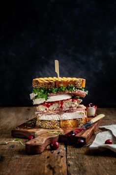 a sandwich is stacked on top of each other