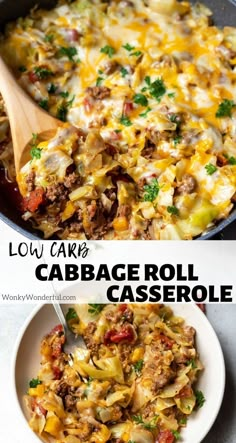 an image of cabbage roll casserole in a skillet and then topped with cheese