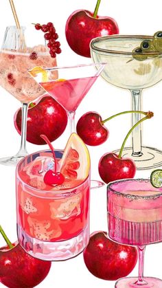 a painting of various cocktails with cherries on the rim