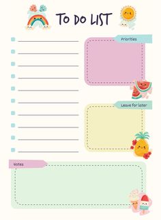 a to do list with cartoon animals and rainbows on the side, in pastel colors