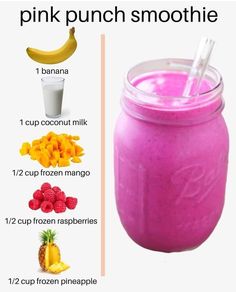 a pink smoothie in a mason jar with ingredients to make it and how to use it