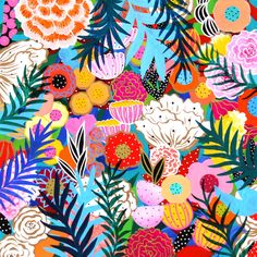 an image of colorful flowers and plants on a blue background with oranges, pinks,