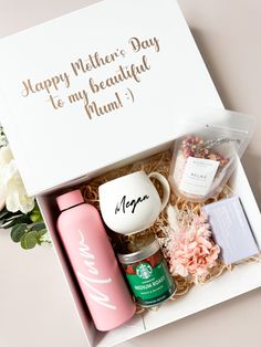 a mother's day gift box filled with coffee and tea