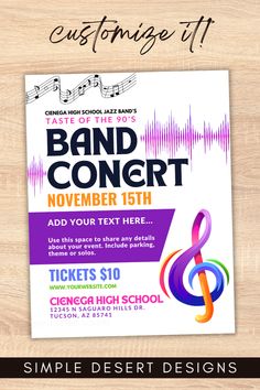 an event poster for a band concert with music notes on the front and back side