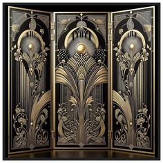 an art deco style room divider in gold and black