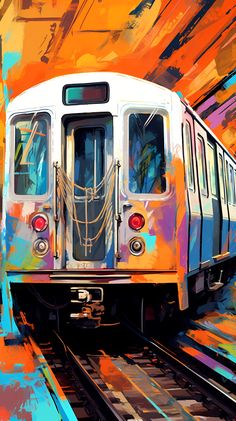 a painting of a train on the tracks with colorful paint streaks coming off it's side