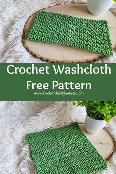 the crochet washcloth is made from yarn and has been placed on a wooden tray