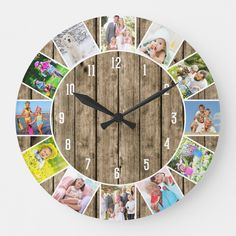 a clock with many different pictures on the front and back of it's face