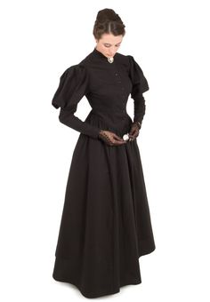 Black Victorian Dress With Fitted Bodice, Black Victorian Dress For Fall Costume Events, Black Fitted Victorian Dress For Wedding, Black Fitted Victorian Wedding Dress, Black Victorian Dress With Fitted Bodice For Evening, Black Fitted Bodice Dress For Daywear, Black Historical Victorian Costume Dress, Historical Black Victorian Costume Dress, Black Victorian Dress With Long Sleeves For Fall