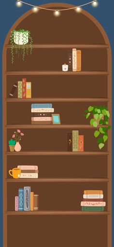 a book shelf with books and plants on it