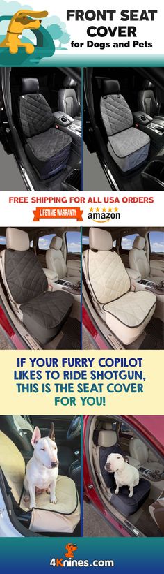 an advertisement for a car with dogs in the back seat and on the front seats