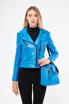 BLUE Genuine Leather Jacket , Our products are 100% genuine leather; It is produced in master hands with quality materials and delicate hand workmanship. Blue Leather Jacket With Zipper Closure, Blue Leather Jacket For Work, Blue Leather Jacket For Fall, Leather Clothes, Lamb Leather Jacket, Womens Jackets, Genuine Leather Jackets, Leather Outfit, Blue Bags