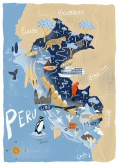 an illustrated map of peru with birds, water and other things to see on it