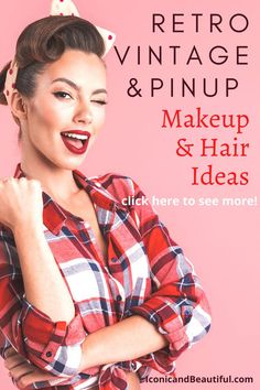 1950s Rockabilly Hairstyles, How To Do Pinup Hair, 50’s Pin Up, 50s Hair And Makeup 1950s, Modern Pinup Makeup, Vintage Make Up Product, Pinup Hair And Makeup, Retro Pinup Hair, 50s Rockabilly Hair