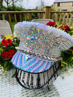 Silver, Purple, Pink & Blue Iridescent Sequin Military Festival Hat.  This hat has been lovingly handcrafted in Cornwall, UK. Each one is unique and one of its kind. Perfect for adding that extra sparkle to your party outfit! Please take care when handling it.  This beautiful hat is custom made for you so please forward your hat size in cm with the order . 4- 5 weeks to complete. Multicolor Round Crown Hat For Party, Multicolor Party Hat With Round Crown, Funky Adjustable Party Hats, Adjustable Silver Costume Hats And Headpieces For Festival, Handmade Costume Hat With Round Crown For Party, Unique Adjustable Mini Hats For Festivals, Multicolor Cap-shaped Party Costume Hat, Multicolor Cap Costume Hat For Party, Custom Festival Costume Hat With Curved Brim