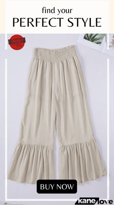 Khaki Smocked High Waist Ruffled Wide Leg Pants Solid Bottoms With Ruffle Hem For Summer, Spring Wide Leg Pants With Smocked Back, Stretch Ruffled Bottoms For Vacation, Stretch Ruffle Bottoms For Vacation, Spring Bottoms With Ruffle Hem, Summer Wide Leg Bottoms With Ruffle Hem, Bohemian Ruffled Bottoms In Solid Color, Spring Vacation Bottoms With Smocked Back, Casual Ruffled Pants