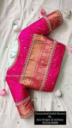 Maggam Work Blouse Designs Heavy, Pink Blouse Designs Hand Work, Reception Saree Blouse Designs, Blouse Designs With Work, Bride Blouse Designs India, Heavy Bridal Aari Work Blouse Design, Pink Work Blouse Design, Blouse With Border Designs, Back Side Blouse Designs Latest