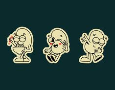 three stickers depicting the same character in different poses, one with an eye on his face