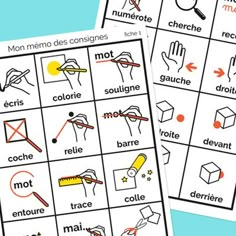 two french language flash cards with pictures of different objects and words in the same language