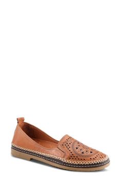 Tiny cutouts and stitched details decorate a versatile flat with a loafer-inspired topline. Cushioned footbed Leather upper and lining/synthetic sole Imported Spring Low-top Loafers With Stitched Sole, Spring Slip-on Flats With Stitched Sole, Embroidered Leather Slip-on Flats, Womens Flats, Flat Shoes Women, Camel, Leather Upper, Loafers, Size 10