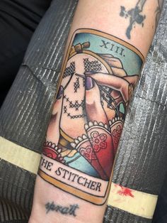 a woman's arm with a tattoo on it that reads, the stitcher