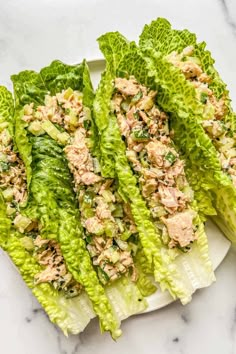 lettuce wraps filled with tuna salad on a white plate