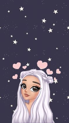 a girl with long white hair and stars on her head is looking up at the sky