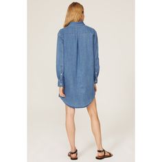 Blue denim (80% Cotton, 20% Polyester). Shirt Dress. Collared neckline. Long sleeves. 35.5" from shoulder to hemline. Imported. Collared Denim Blue Cotton Shirt Dress, Light Wash Cotton Shirt Dress For Daywear, Dark Wash Long Sleeve Shirt Dress For Summer, Denim Blue Shirt Dress For Summer, Long Sleeve Dark Wash Shirt Dress For Summer, Summer Denim Blue Shirt Dress For Daywear, Denim Blue Shirt Dress For Summer Daywear, Chic Denim Dress With Frayed Hem For Day Out, Cotton Medium Wash Shirt Dress For Work