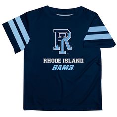 Rhode Island Rams Vive La Fete Boys Game Day Navy Short Sleeve Tee with Stripes on Sleeves Football Season Moisture-wicking Tops For Fans, Blue Tops With Team Name For Game Day, Sports Fan Moisture-wicking Tops For Game Day, Moisture-wicking Tops For Game Day, Sports Fan Style, Blue Tops With Team Logo For Game Day, Cheerleading Team Logo Tops For Football Season, Team Spirit Tops With Team Name For Fan Gear, Team Name Tops For Fan Gear, Short Sleeve Tops With Team Name For Fan Gear