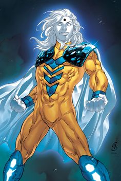 an image of a man in a yellow and blue costume with his hands on his hips