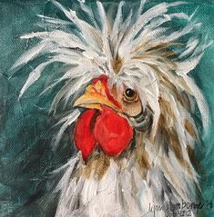 a painting of a rooster with feathers on it's head