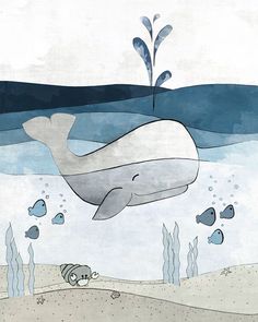 a drawing of a whale swimming in the ocean