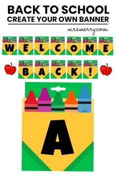 the back to school welcome banner is shown in green and yellow with an apple on it