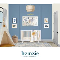 a baby's room with blue walls and white crib in the corner, including a teepee tent