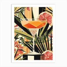 an art print of a cocktail with oranges and palm leaves