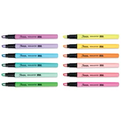 six neon colored pens with different writing on them