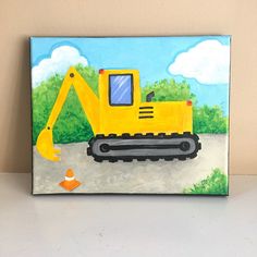 a painting of a yellow bulldozer on the side of a road