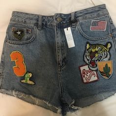 Denim Top Shop Shorts Never Worn- Bought Them But They Are A Little Too Small. So Unique And Fun. The Tag Says 10 But Thats A Euro Size- The Us Size Is 6. Patchwork Denim, Denim Patchwork, Denim Top, Short Tops, Jean Shorts, Denim Shorts, Topshop, Size 10, Size 6