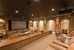 a home theater with couches, chairs and a flat screen tv on the wall