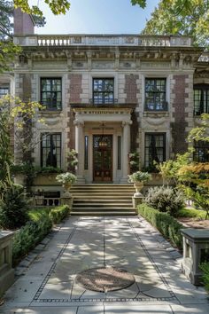 a large house with many windows and steps leading up to the front door, surrounded by greenery