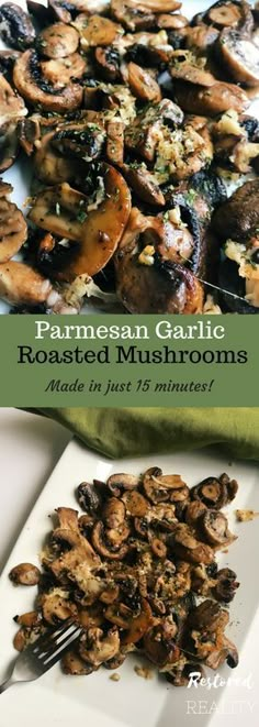 the cover of parmesan garlic roasted mushrooms on a white plate with a fork