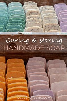 different colored soaps are displayed in a wooden box with the words, curing & storing handmade soap