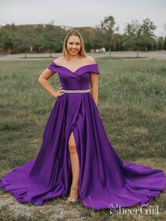 Off the Shoulder Purple Plus Size Long Prom Dress with Slit ARD2014-SheerGirl Plus Size Satin, Satin Prom Dresses, Purple Prom, Purple Prom Dress, Make Your Own Dress, Beaded Prom Dress, Formal Dresses For Weddings, Satin Prom Dress, Linnet